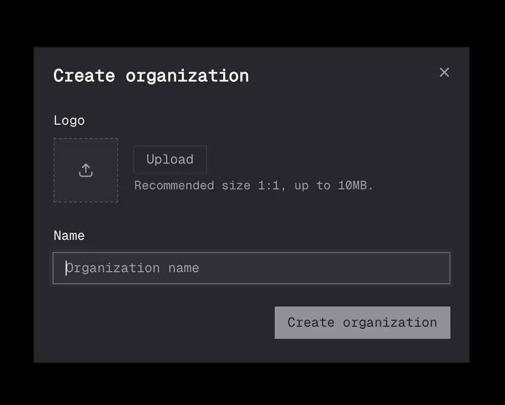 Create organization dialog