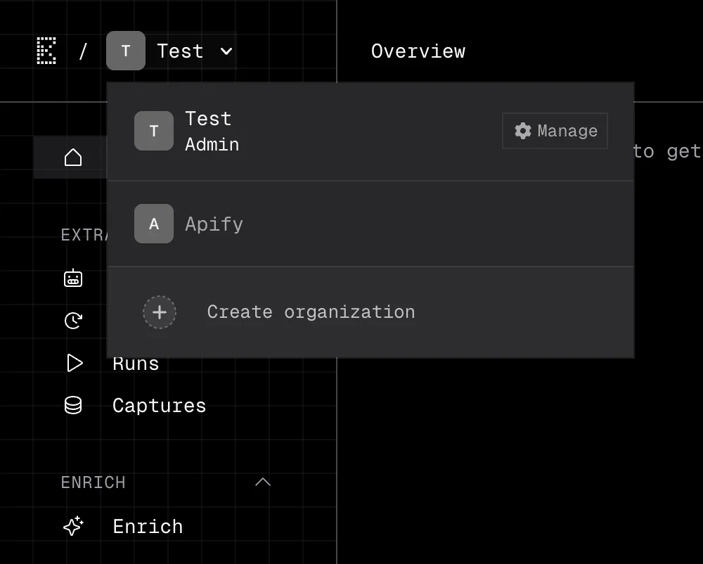 Org switcher dropdown showing Create organization option