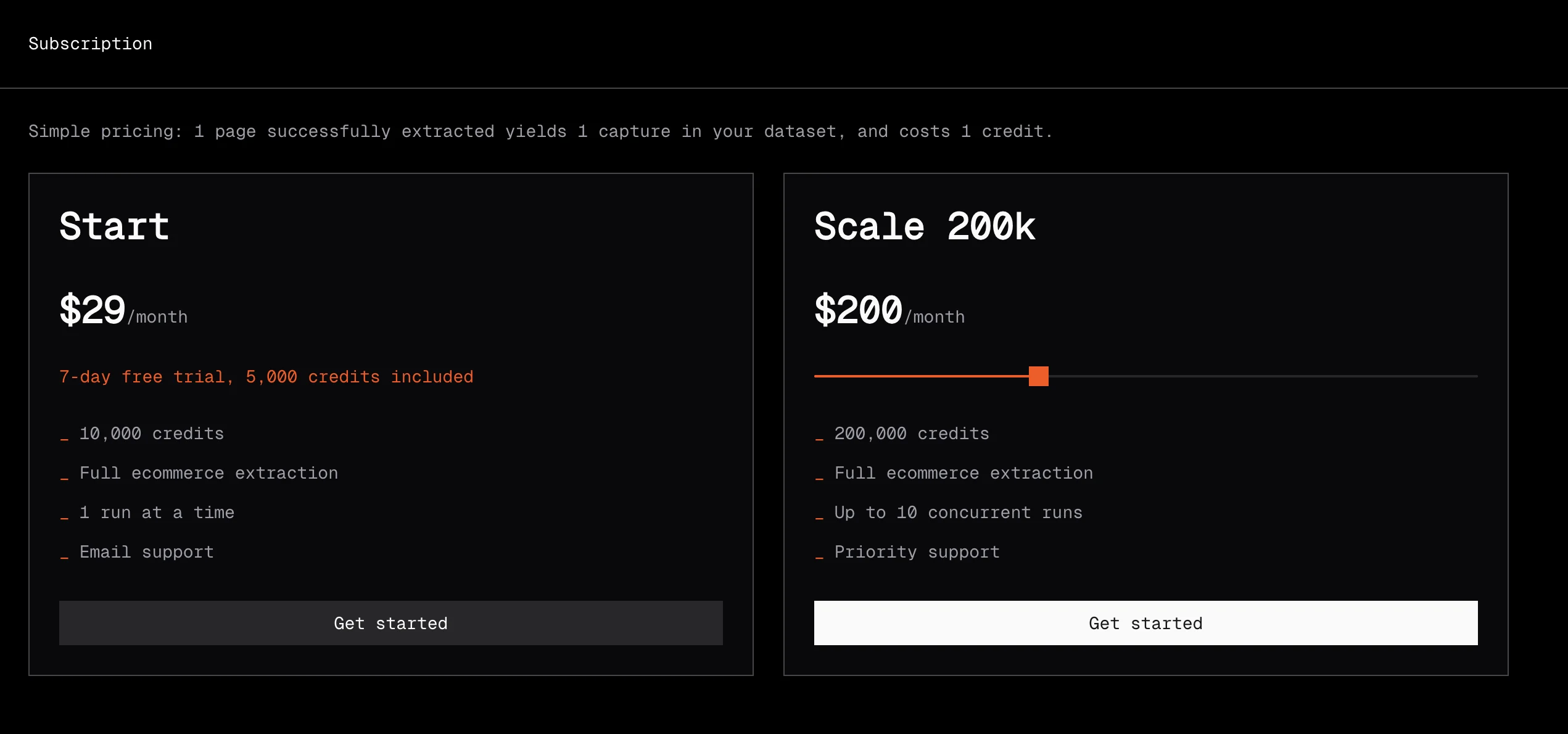 Subscription plan selection page