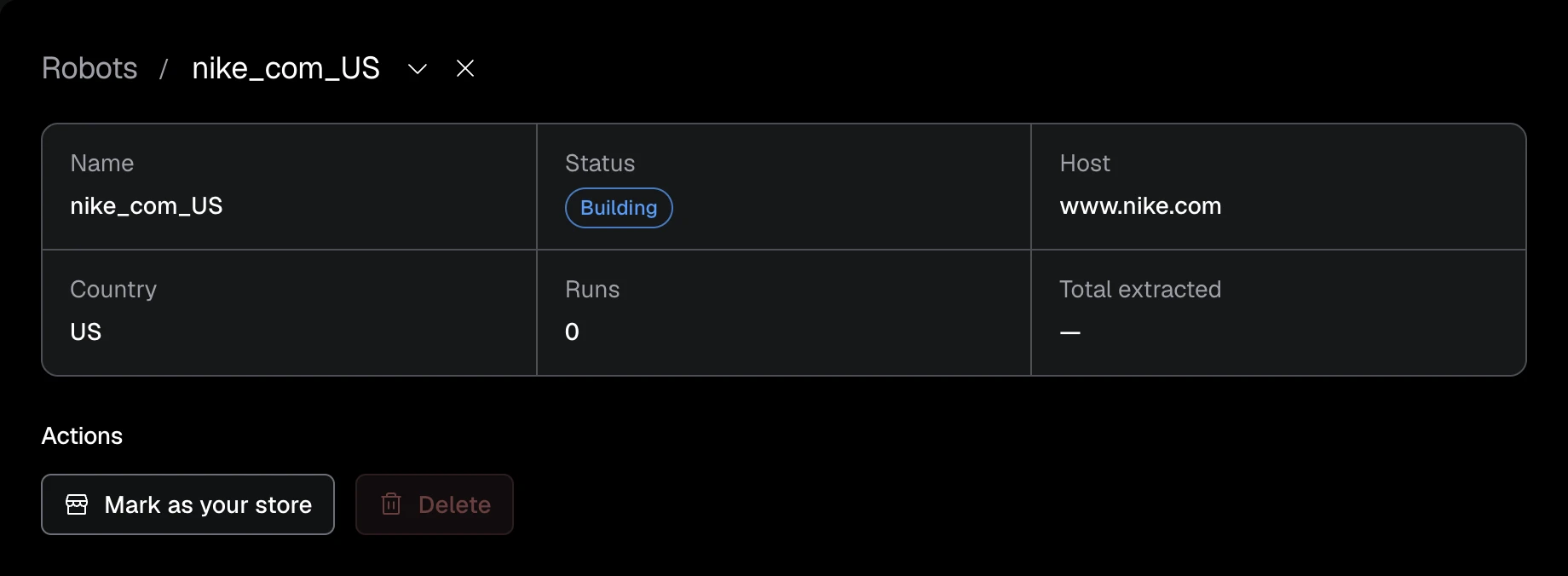 Robot details showing nike_com_US with Building status