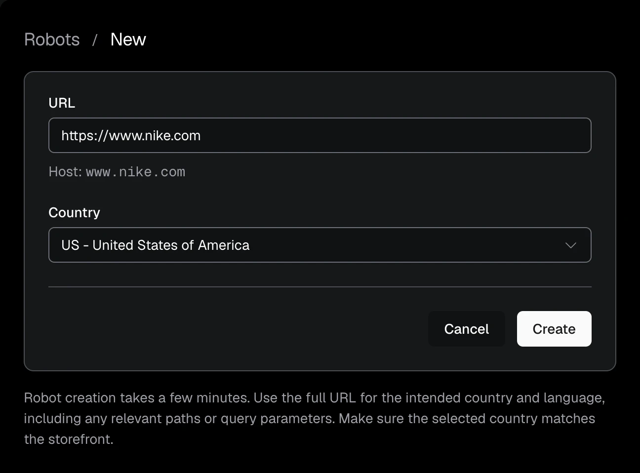 Robot creation form using the Nike homepage and United States storefront