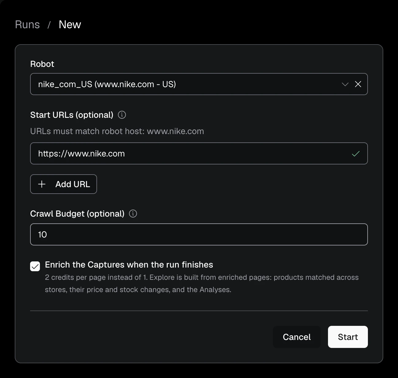 New Run using nike_com_US, the Nike homepage, and a crawl budget of 10